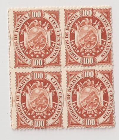 Bolivia: #46 Mint block of 4 HR on top stamps Paris print?