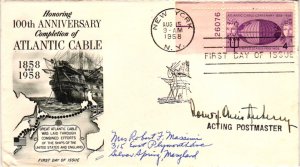 #1112 Atlantic Cable – AUTOGRAPHED BY POSTMASTER – Fleetwood Cachet