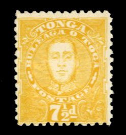 Tonga #32 Cat$50, 1895 7 1/2p yellow, traces of gum (heavy hinged remnant)