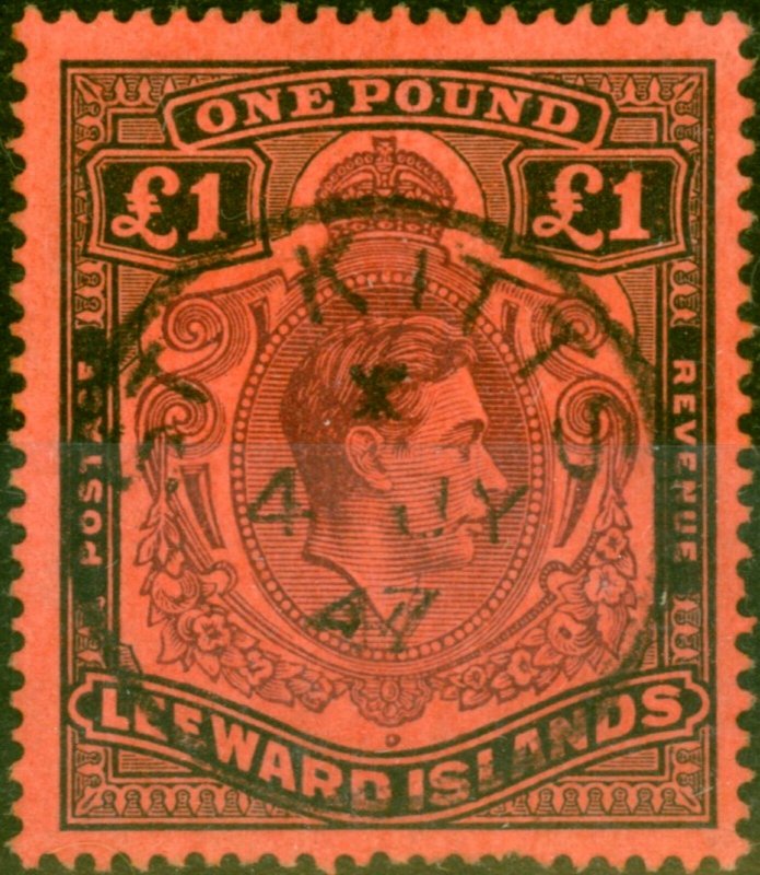 Leeward Islands 1945 £1 Brown-Purple & Black-Salmon SG114b Fine Used 'ST KITTS 4