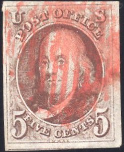 US Stamp Scott #1 Used Red Brown w/ Orange Red Cancel SSCV $400