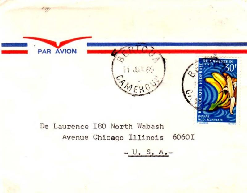 Cameroun 30F Bananas 1969 Bertoua, Cameroun Airmail to Chicago, Ill.  EUROPEA...