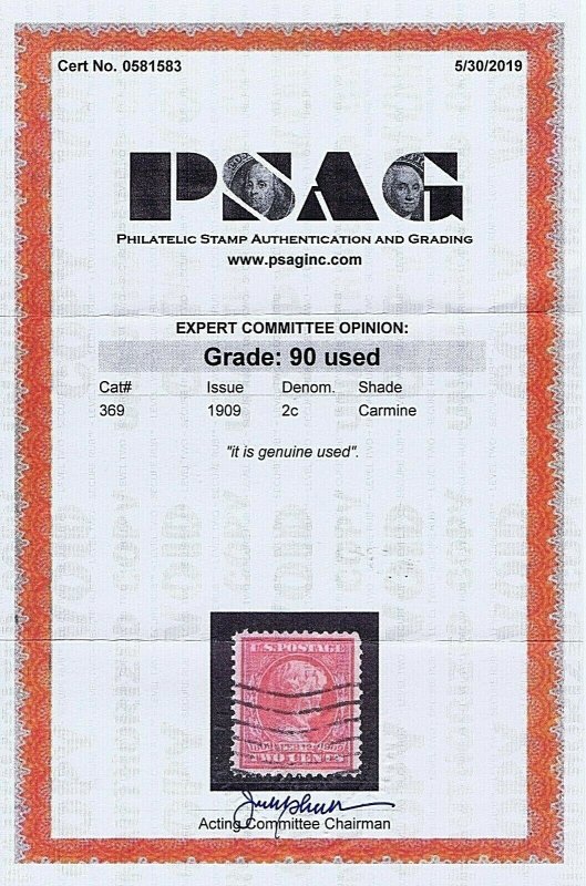 US 369 USED 2 CENT LINCOLN, 1909, MACHINE CANCEL, 2019 PSAG CERT GRADED XF 90