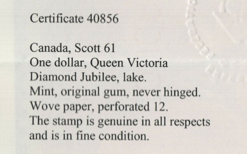 Canada #61 Mint Fine Never Hinged **With Certificate** 