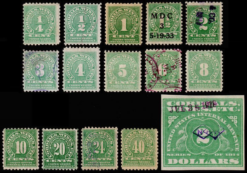 United States Revenue Scott RE16-RE30 (1914) Used/Mint F-VF, CV $140.60 W