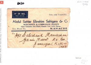 PAKISTAN Cover INDIA KGVI Overprints Karachi Air Mail Jamnagar 1948 DA20