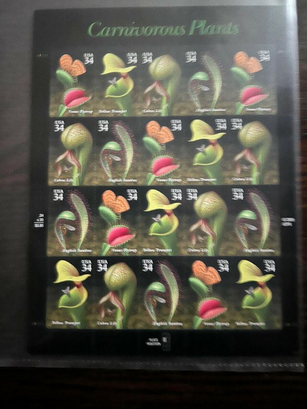 SCOTT #3528-31 /34 CENT CARNIVOROUS PLANTS SHEET OF 20 MNH(2001)