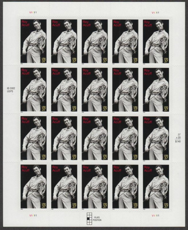 2003 Roy Acuff country music musician Sc 3812 full MNH 37c sheet of 20