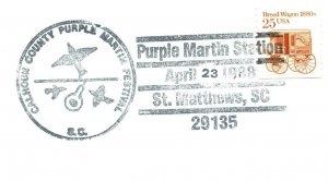 US SPECIAL PICTORIAL POSTMARK COVER PURPLE MARTIN STATION CALHOUN COUNTY 1988