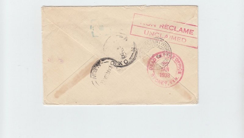 3 cent Empire rate to **AUSTRALIA** DEAD LETTER DLO UNCLAIMED 1938 CANADA cover