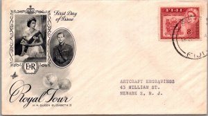 FIJI BRITISH 1953 CACHET FDC COVER COMM ROYAL TOUR ADDR USA