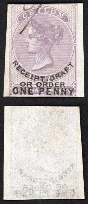 Ceylon Receipt BF1 1d on 1/1d Lilac