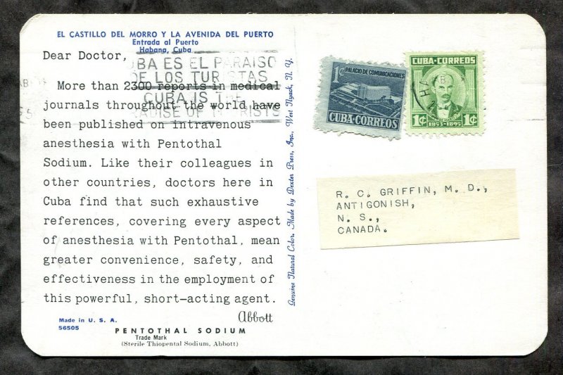 d111 - DEAR DOCTOR Advertising Postcard. CUBA. Pentothal by Abbott