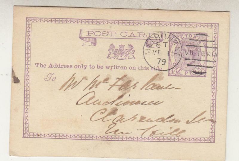 VICTORIA, Postal Card, 1879 1d. Violet, Melbourne to Emerald Hill.