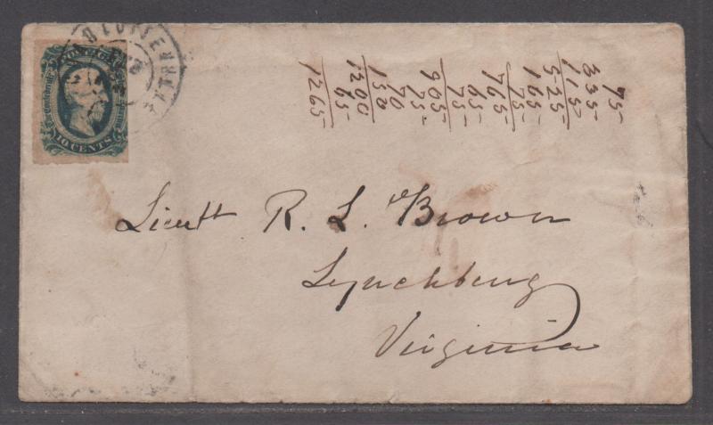 **CSA Cover, SC# 12, Charlottesville, VA 2/6/1864, Misspelled Charlotteville CDS