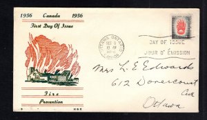 Canada #364 (1956 Fire Protection issue) addressed H&E cachet  FDC