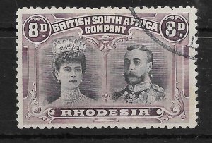 RHODESIA SG185 1910-3 8d BLACK & PURPLE DOUBLE HEAD p13½ USED (s)