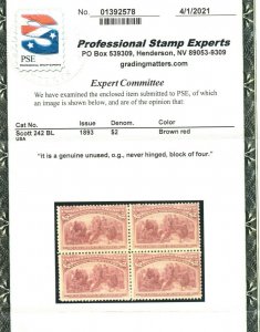 USA #242 Mint Fine - Very Fine Never Hinged Block **With Certificate**