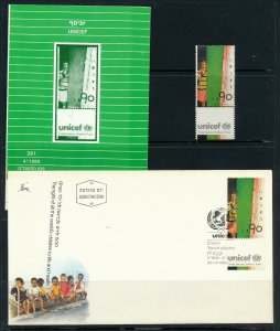 ISRAEL 1989 UNICEF STAMP MNH + FDC + POSTAL SERVICE BULLETIN