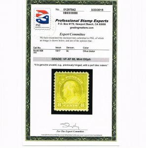 EXCEPTIONAL GENUINE SCOTT #508 MINT OG LH OLIVE BISTER PSE CERT GRADED VF-XF 85