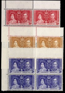 NORTHERN RHODESIA GVI SG22-24, 1937 CORONATION set, NH MINT. BLOCK X4