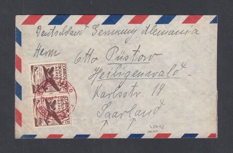BOLIVIA 1955 AIRMAIL COVER TO SAARLAND