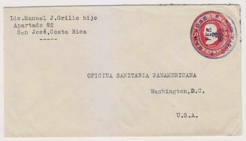 COSTA RICA 1933 PS COLUMBUS 10c ENVELOPE SAN JOSE TO WASHINGTON, DC VF