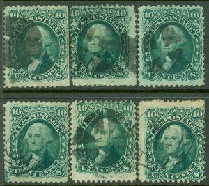 EDW1949SELL : USA 1861 Sc #68a Dark Green. 6 stamps Used. Nice looking. Cat $510