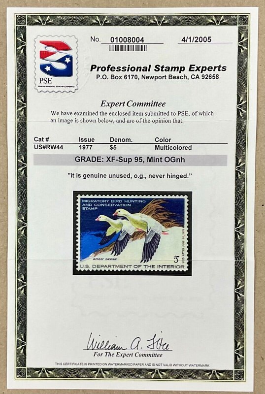 RW44 Ross Geese $5.00 Duck Stamp 1977 With PSE certificate XF-Sup 95
