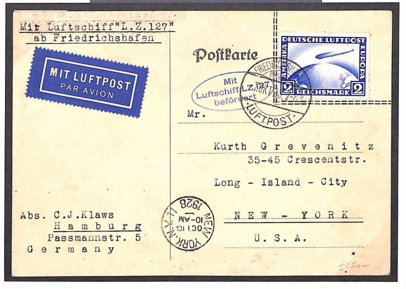 GERMANY ZEPPELIN Air Mail Printed Matter 1928 Card USA {samwells-covers}MS4008