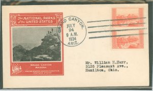 US 741 1934 2c Grand Canyon (part of the Nat'l Park Series) pair on an address (typed) fdc with an Ioor cachet.