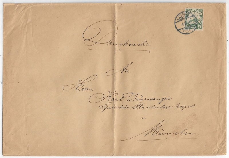 German Colonies: Lome, Togo to Munich, Germany 1911 solo 5 pf (53620)