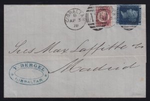 Gibraltar 1878 Great Britain 1/2d  & 2d on Cover to Madrid Spain A26 Duplex