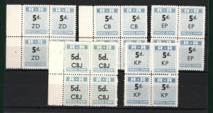 RHODESIA RAILWAYS 5d Parcels 5 Blocks of 4 ZD CB EP KP CBJ Overprints UMM SS3408