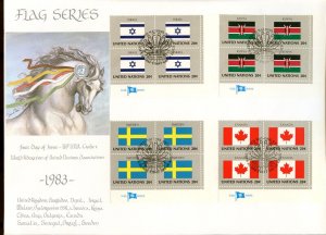 UNITED NATIONS 1983 FLAG IMPRINT BLOCKS WFUNA CACHET BY JANOTA OZOWSKI 4 FDCs