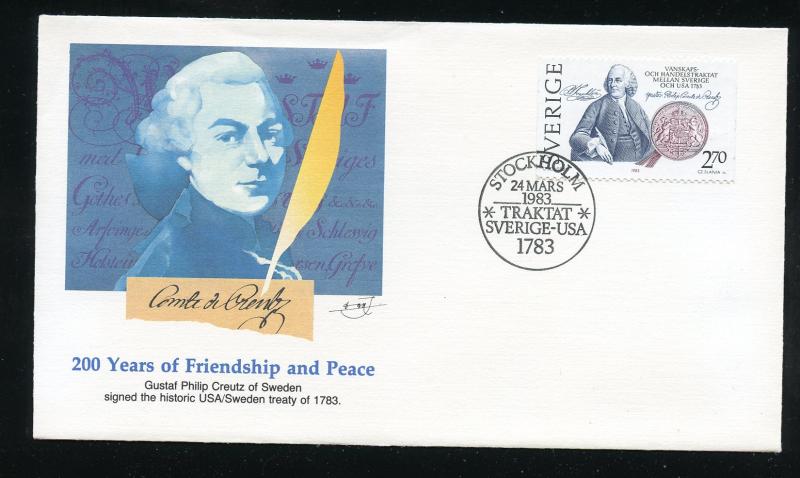 US 2036 & Sweden 1453 Treaty of Amity 200th Anniv. UA set 3 Fleetwood cachet FDC