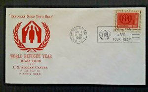 1960 April 7 United Nations NY World Refugee Year Slogan Cancel Embossed Cover