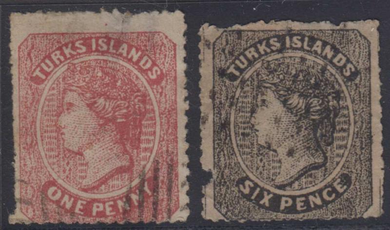 BC TURKS ISLANDS 1867 QV Sc 1 & 2 FORGERIES MUTE CANCELS (CV$207.50)