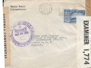 San Jose, Costa Rica to London, England 194x British & Canal Zn. Censors (C4701)