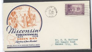 US 739 1934 3c Wisconsin Tercentennial on an addressed (typed) FDC with a Green Bay Philatelic Society cachet