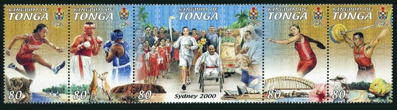 Tonga 1038 ae strip,MNH. Olympics Sydney-2000.Runners,Boxers,Discus,Fauna.