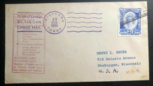 1934 Niuafoou Tonga Toga Islands Tin Can Canoe Mail Cover To Sheboygan Mi USA