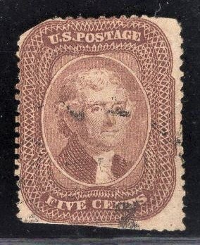 US Stamp #29 5c Brown Jefferson Type I USED SCV $350.00