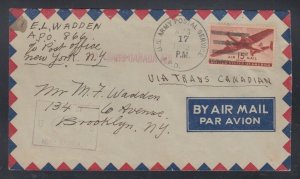 Newfoundland 1942 WWII Censored APO 866 Quidi Vidi Airmail Cover to USA