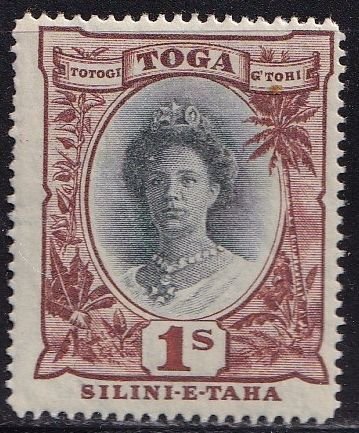 Tonga 62 (mlh) 1sh Queen Salote, red brn & black (1920)