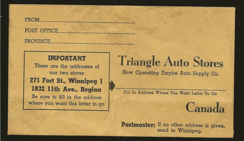 Canada Vintage Triangle Auto Stores Canada Advertising Envelope Cover