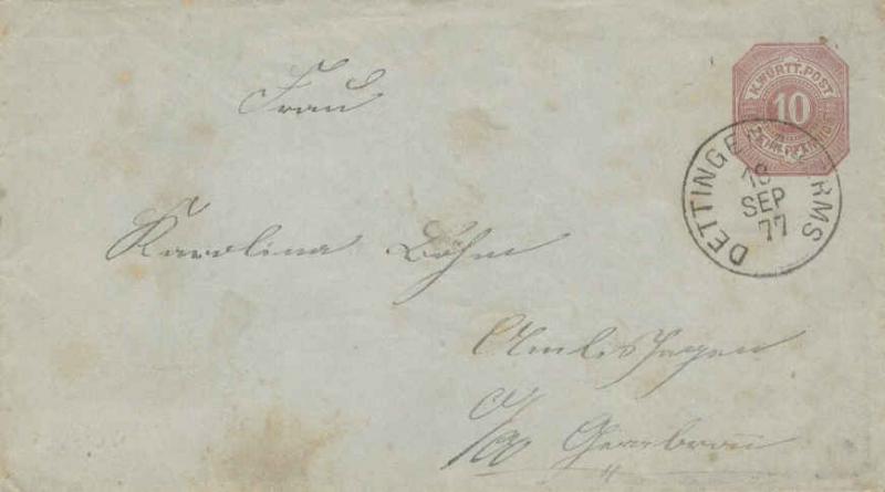 Germany Wurttemberg 10pf Numeral Envelope 1877 Dettingen a.d. Erms domestic use.