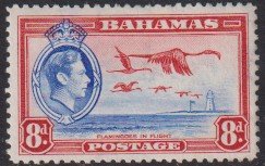 1938 - 1946 Bahamas KGVI Flamingos in Flight 8p issue MLH Sc# 108 CV $7.25 #1