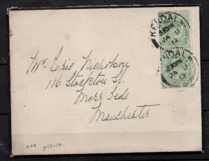 GB KEVII 1912 1/2d green SG279 pair on Mourning Cover Kendal CDS WS36705