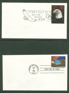 US 2540/2543 1991-93 Eagle, space; 2 U/A uncacheted priority mail FDCs